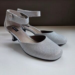 Array Glitter Kitten Heel Pumps 7.5 Ankle Strap Shoes Silver Sparkle NYE Event